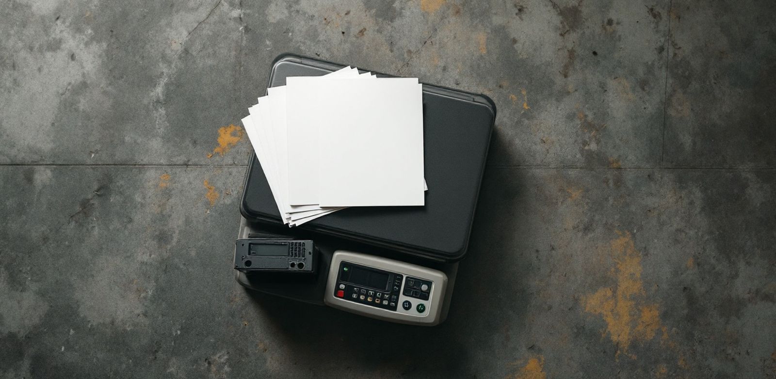 A warehouse scale with blank invoice sheets and black server drives on concrete.