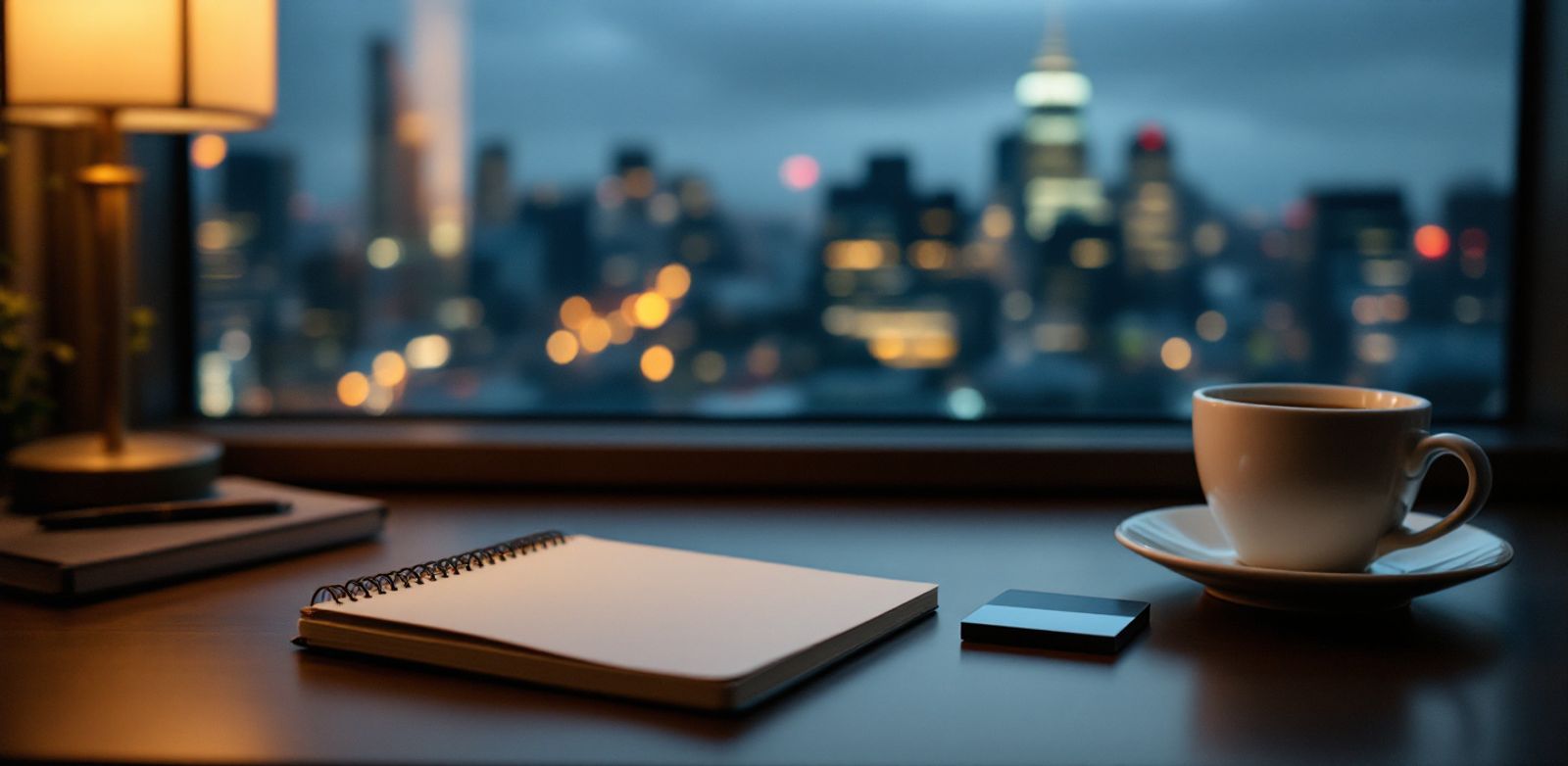Hotel desk with a blank notebook, keycard, coffee, and blurred city skyline