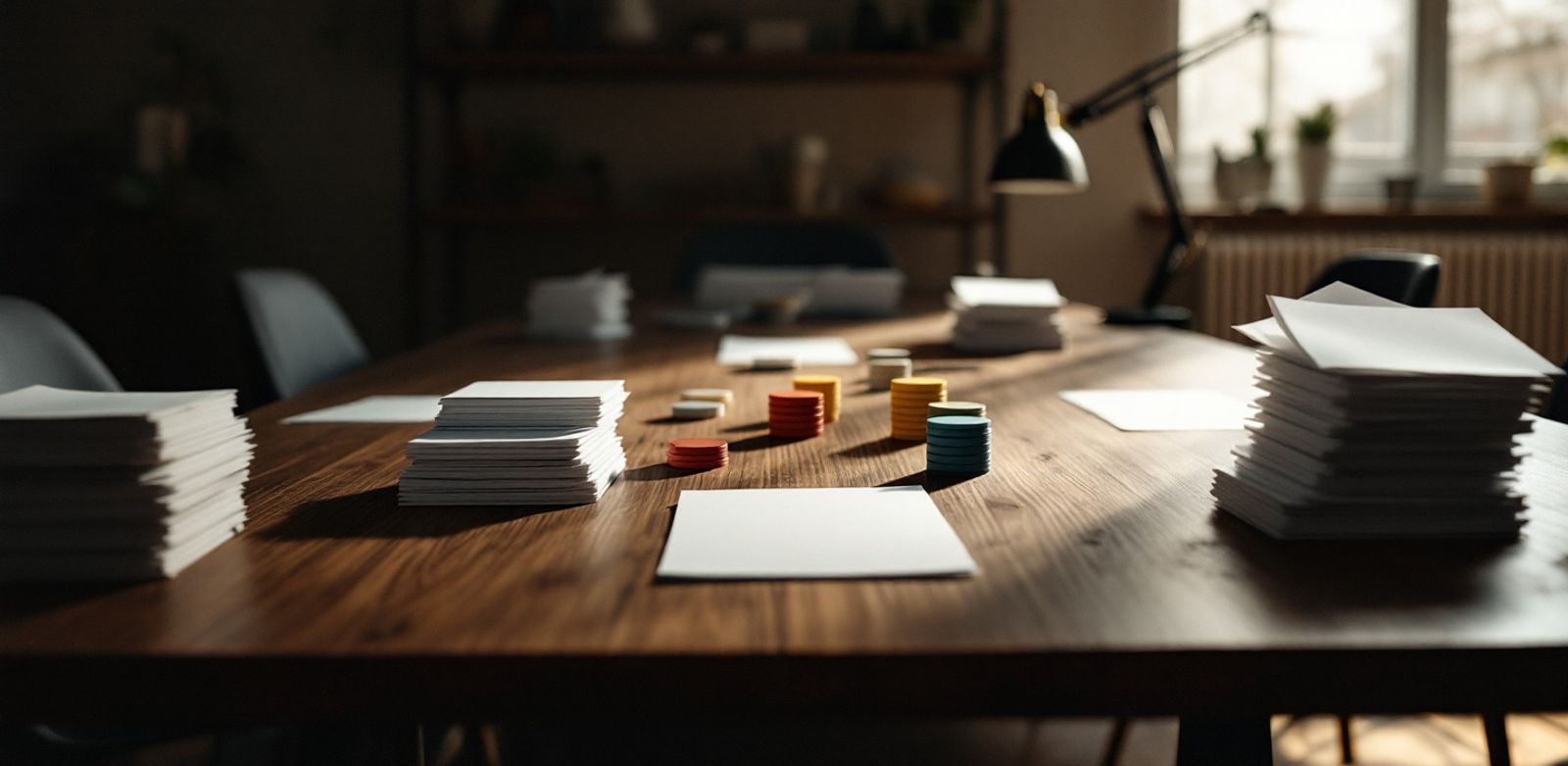 Wooden table with blank paper stacks, colored tokens, and a desk lamp.
