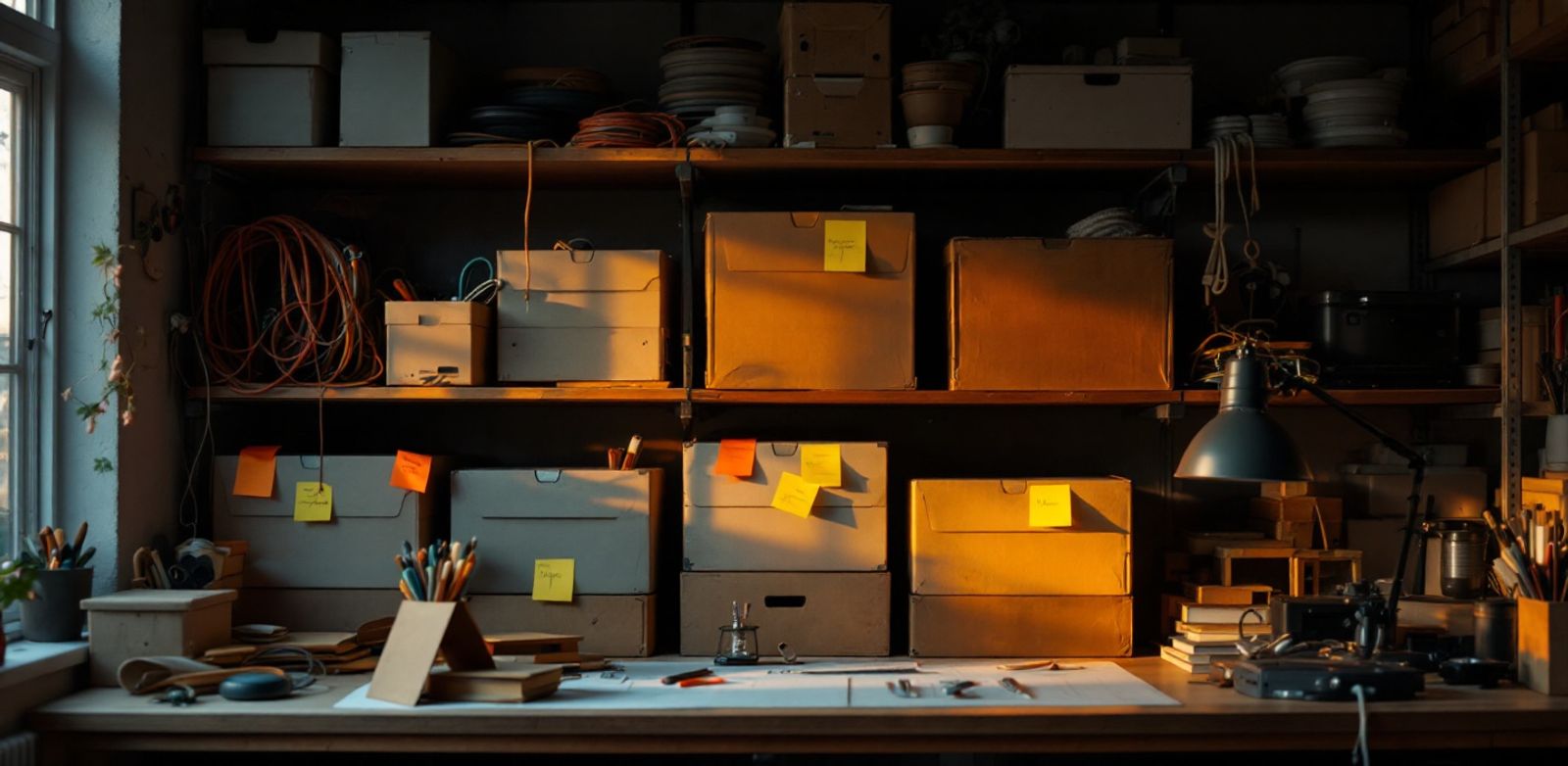 Unlabeled hardware boxes and colored cables on a workshop shelf