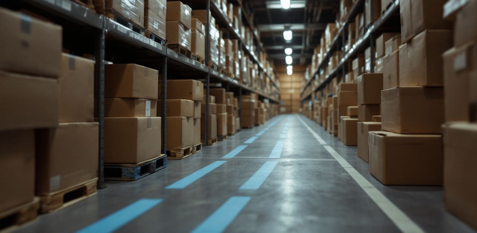 Plain sample boxes and a clipboard in a quiet warehouse aisle.