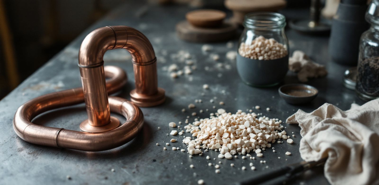 Cooling pipes, chips, glass beads, and a jar suggesting model cost control.