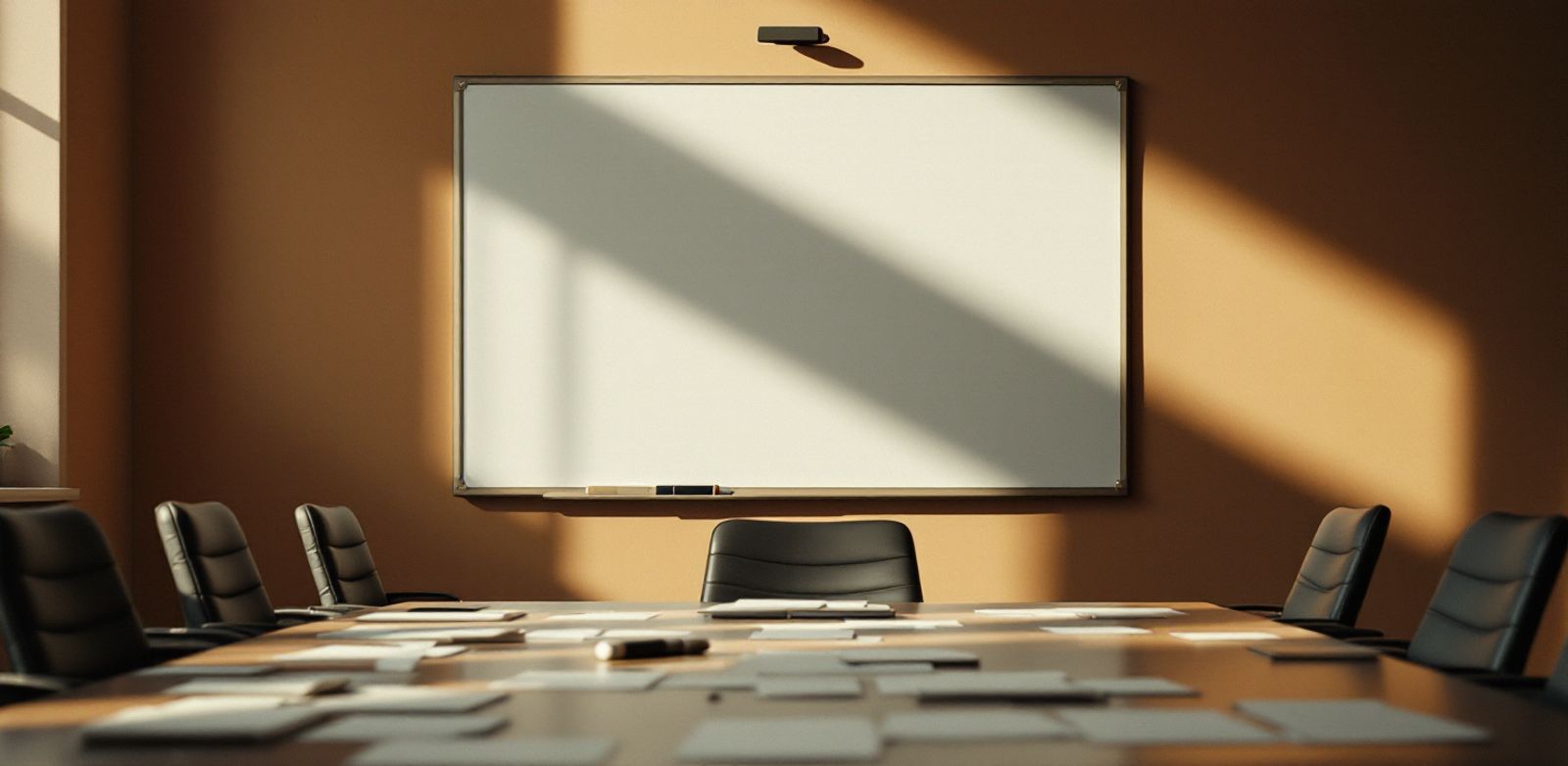 A conference room table with blank index cards and a capped marker