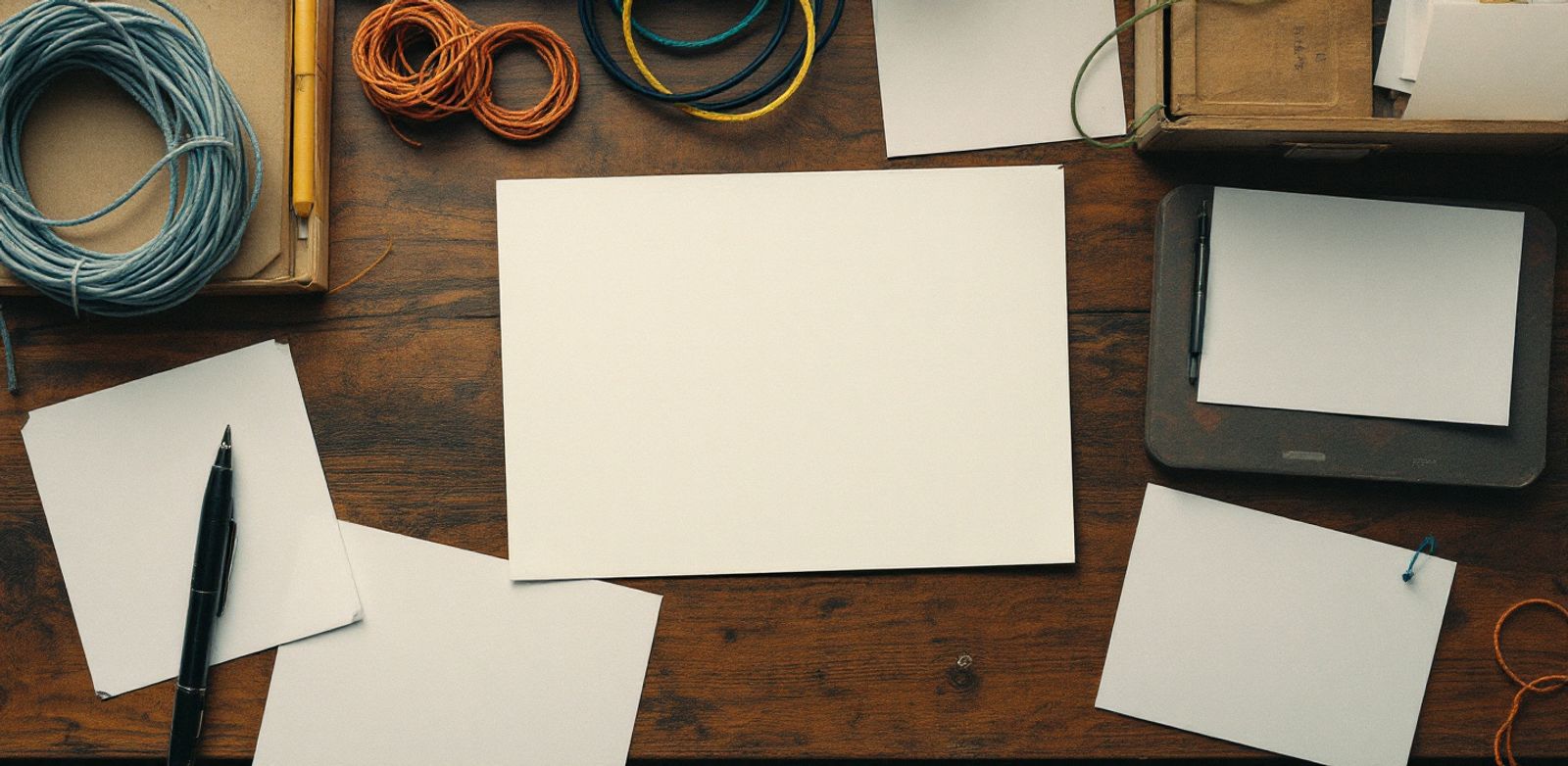Blank cards and colored string laid out on a wooden desk