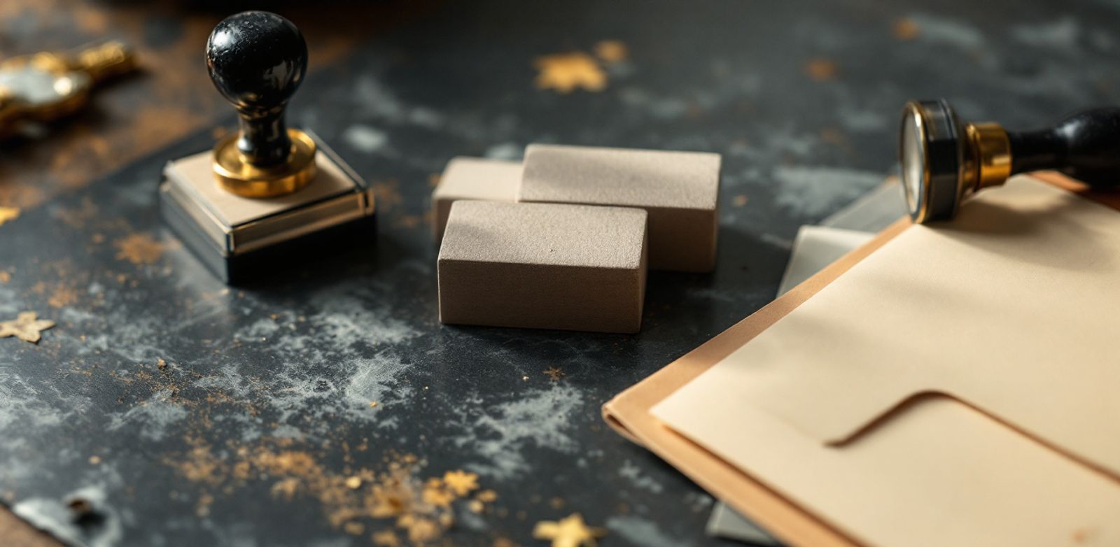 Blank calendar blocks, rubber stamp, brass key, and closed folder on a steel desk.
