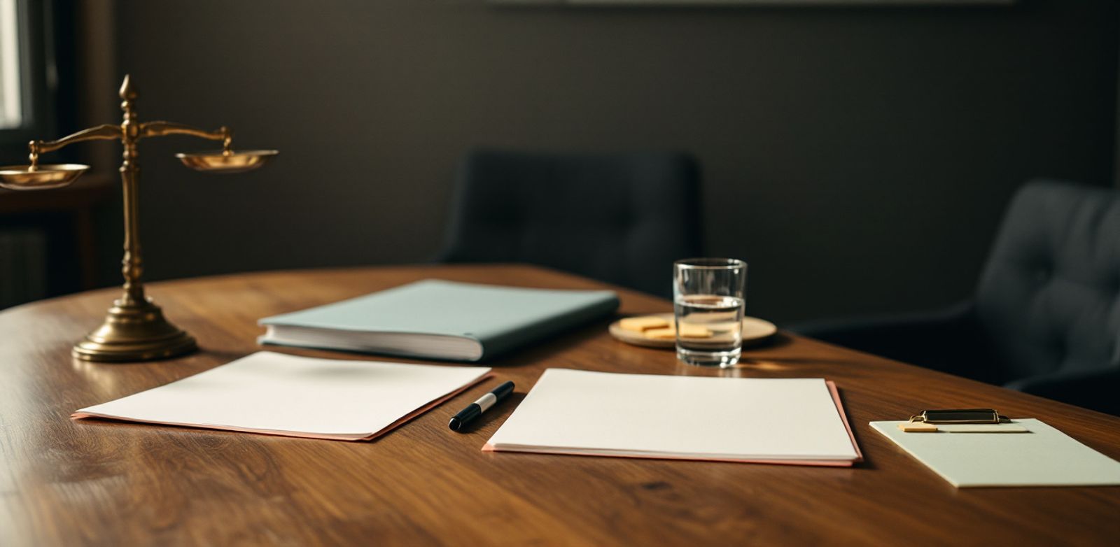 Conference room table with blank folders, brass scale, sticky tabs, and a glass of water