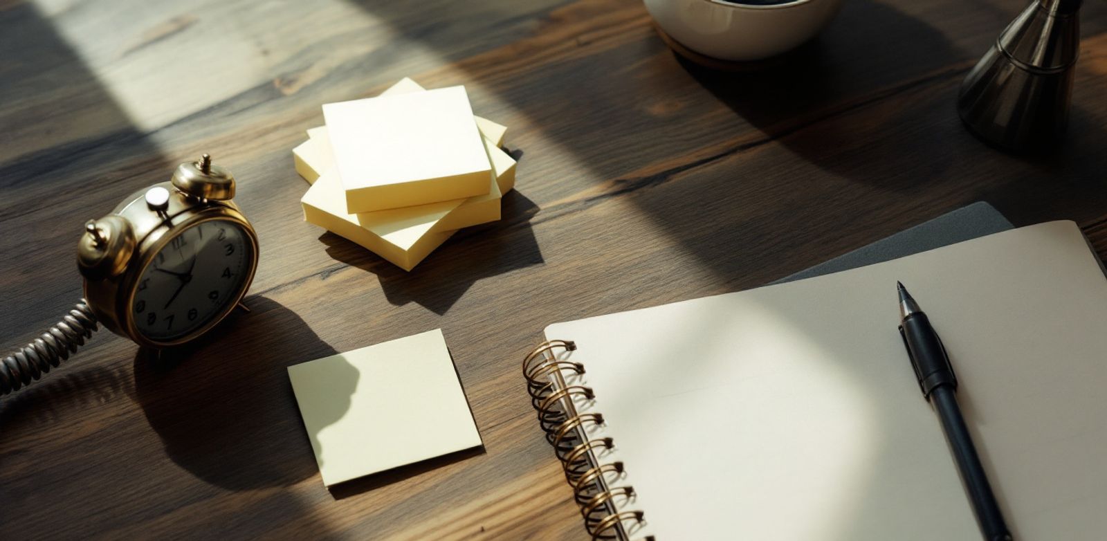 Blank sticky notes, a brass timer, a coiled cable, and a closed notebook on a quiet desk.