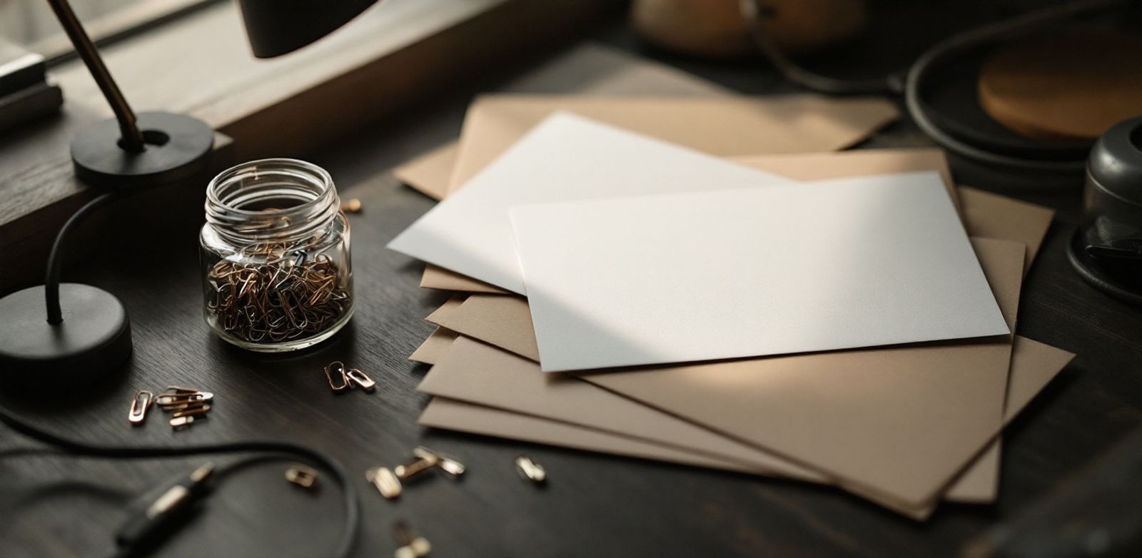 Blank envelopes, paper clips, and cables show lightweight workflow before heavy automation.