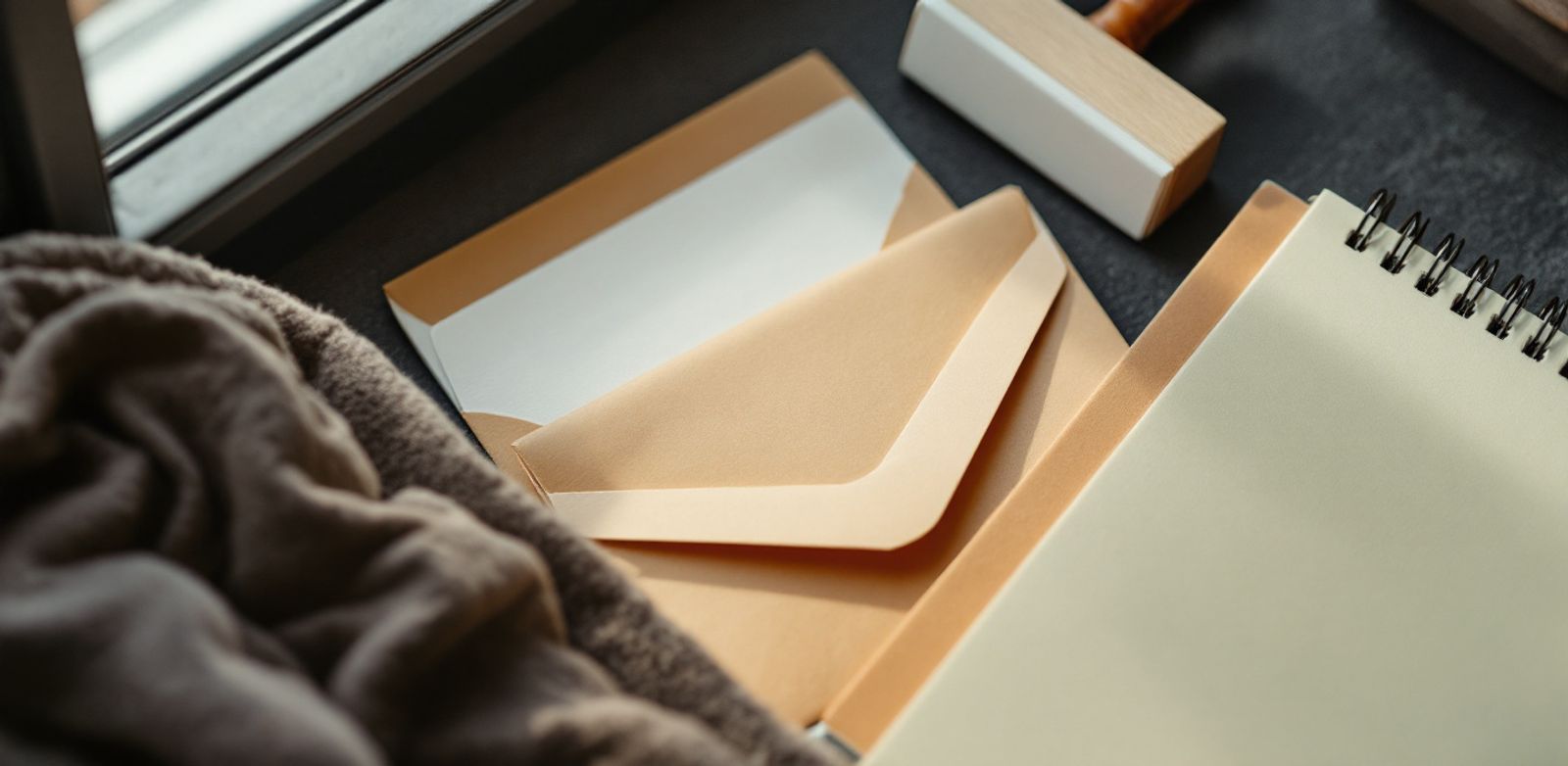 Sealed envelopes beside a rubber stamp and blank notebook in soft window light.
