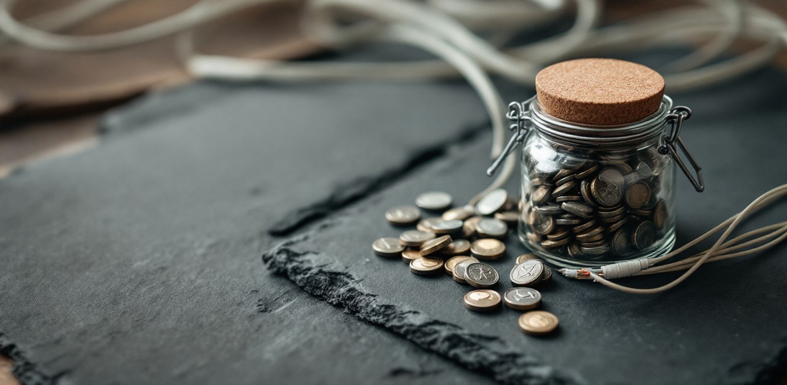 A capped glass jar of metal tokens beside tangled fiber cables