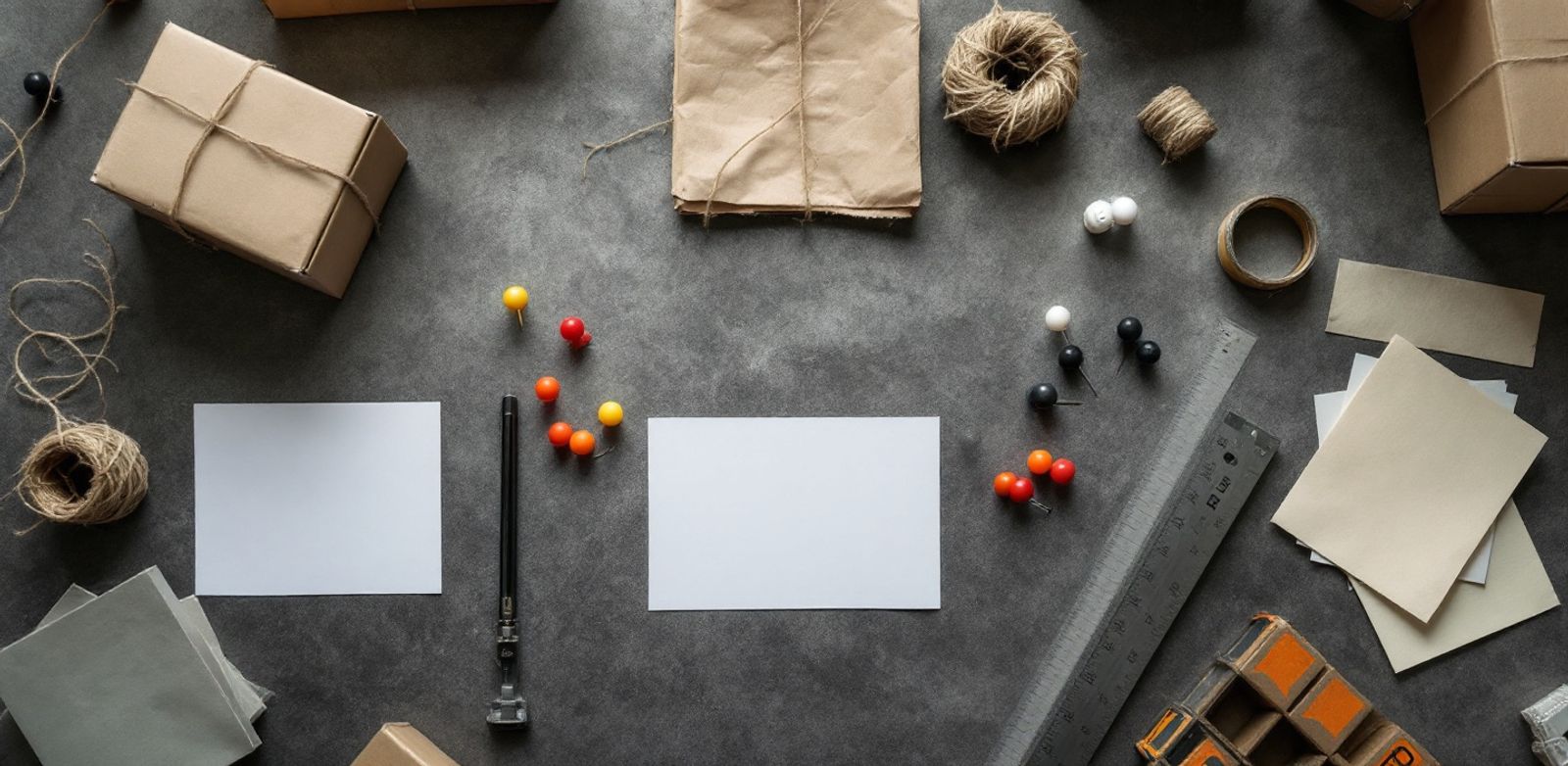 Blank cartons with route pins and twine on a warehouse table.