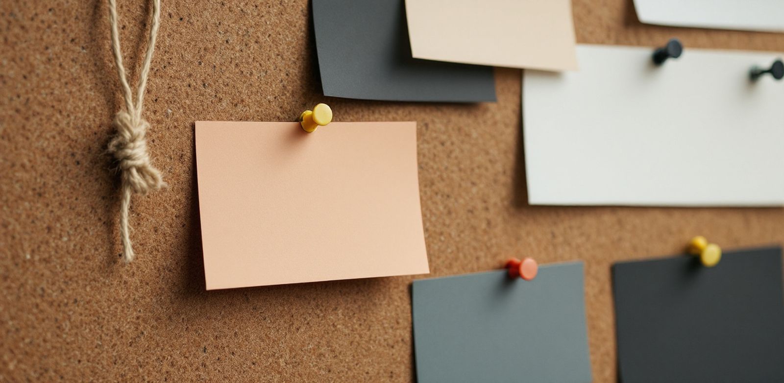 Blank colored cards connected with string on a corkboard to show warm intro paths