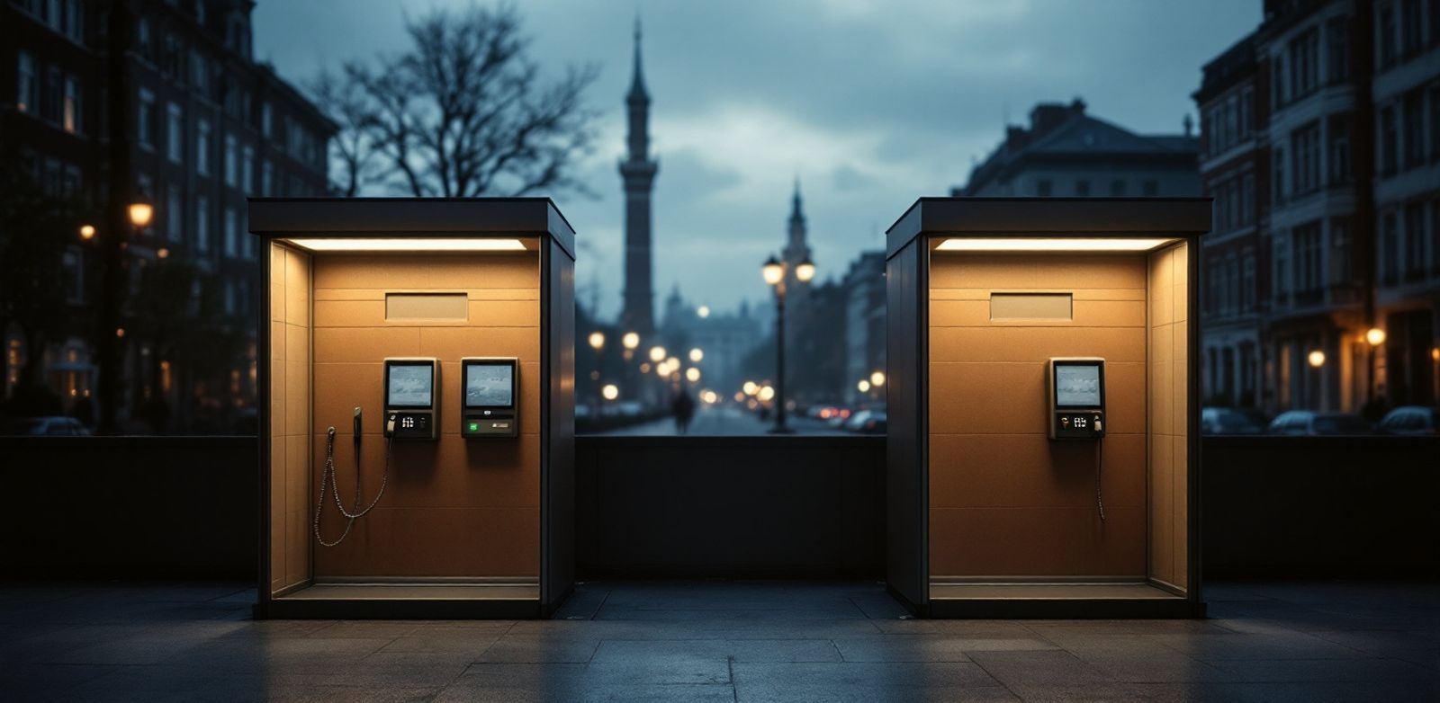 Two empty call booths under late evening city light