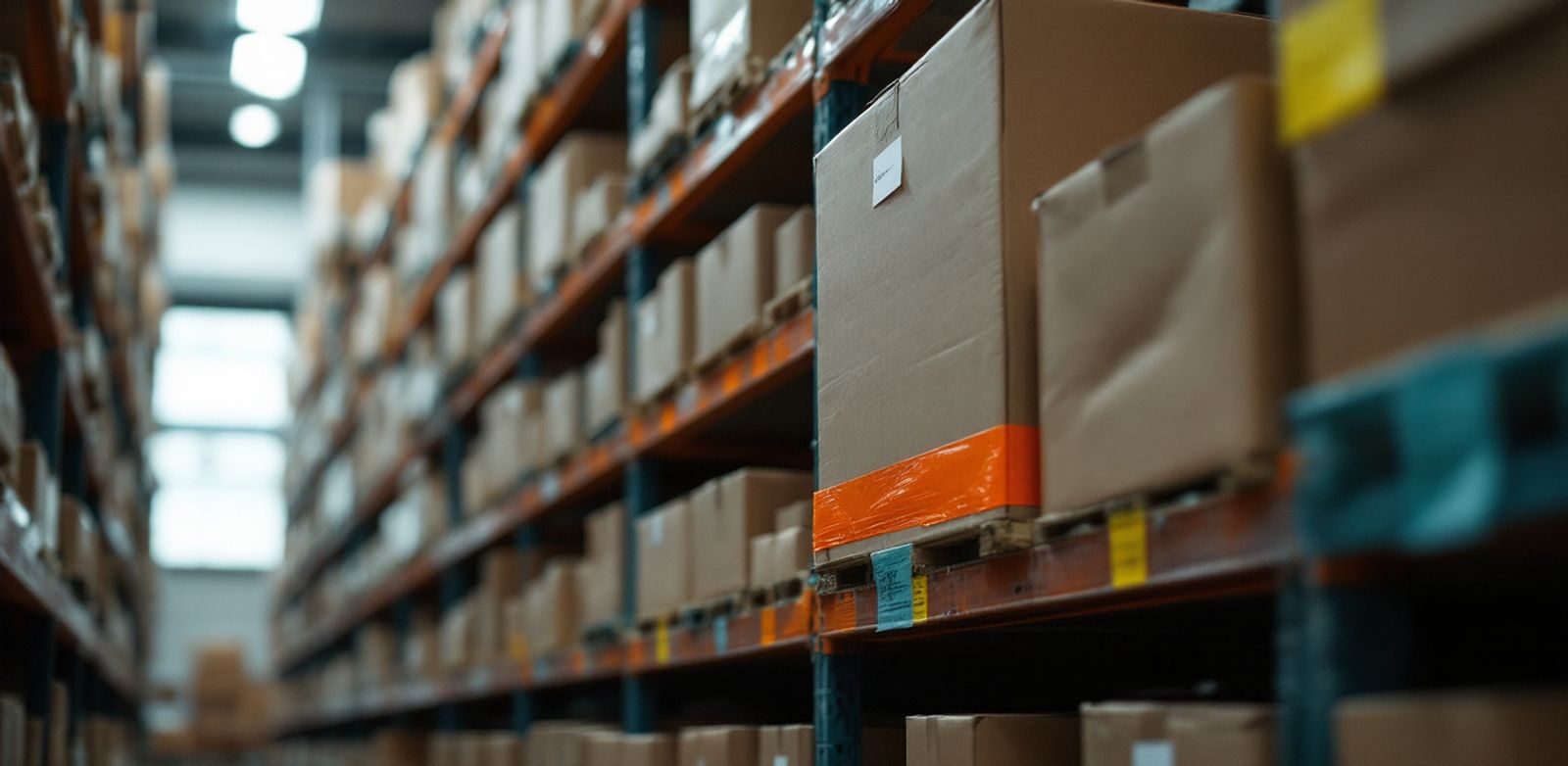 Plain cardboard boxes on warehouse shelves divided by colored tape.