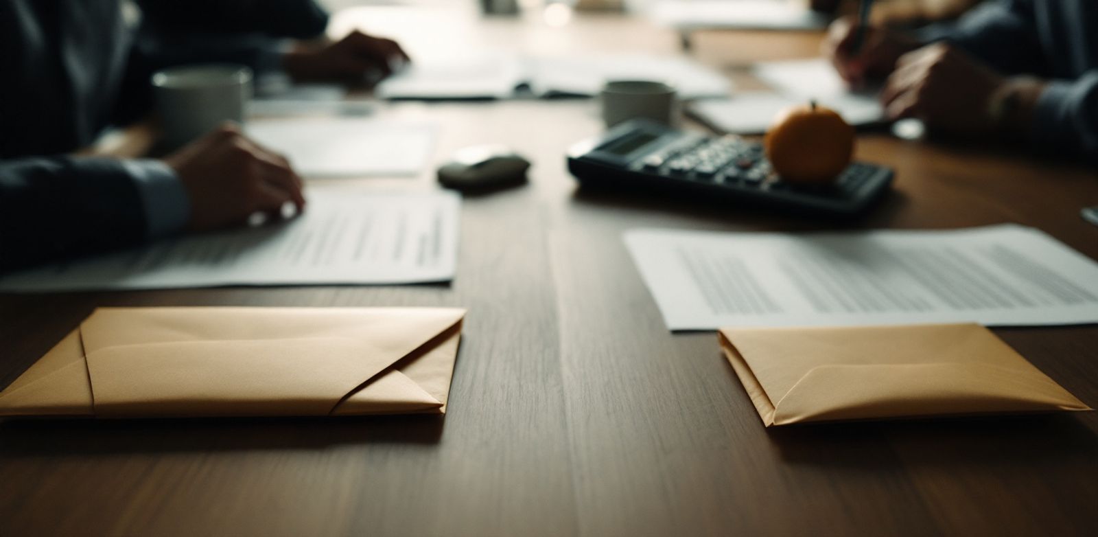 Conference table with envelopes and a calculator beside blank contracts for pre-sell risk planning.