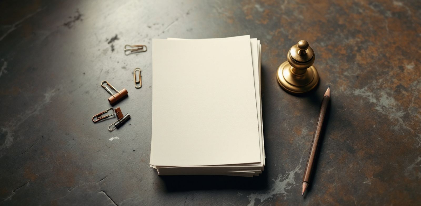 Blank index cards and desk objects arranged on a concrete floor