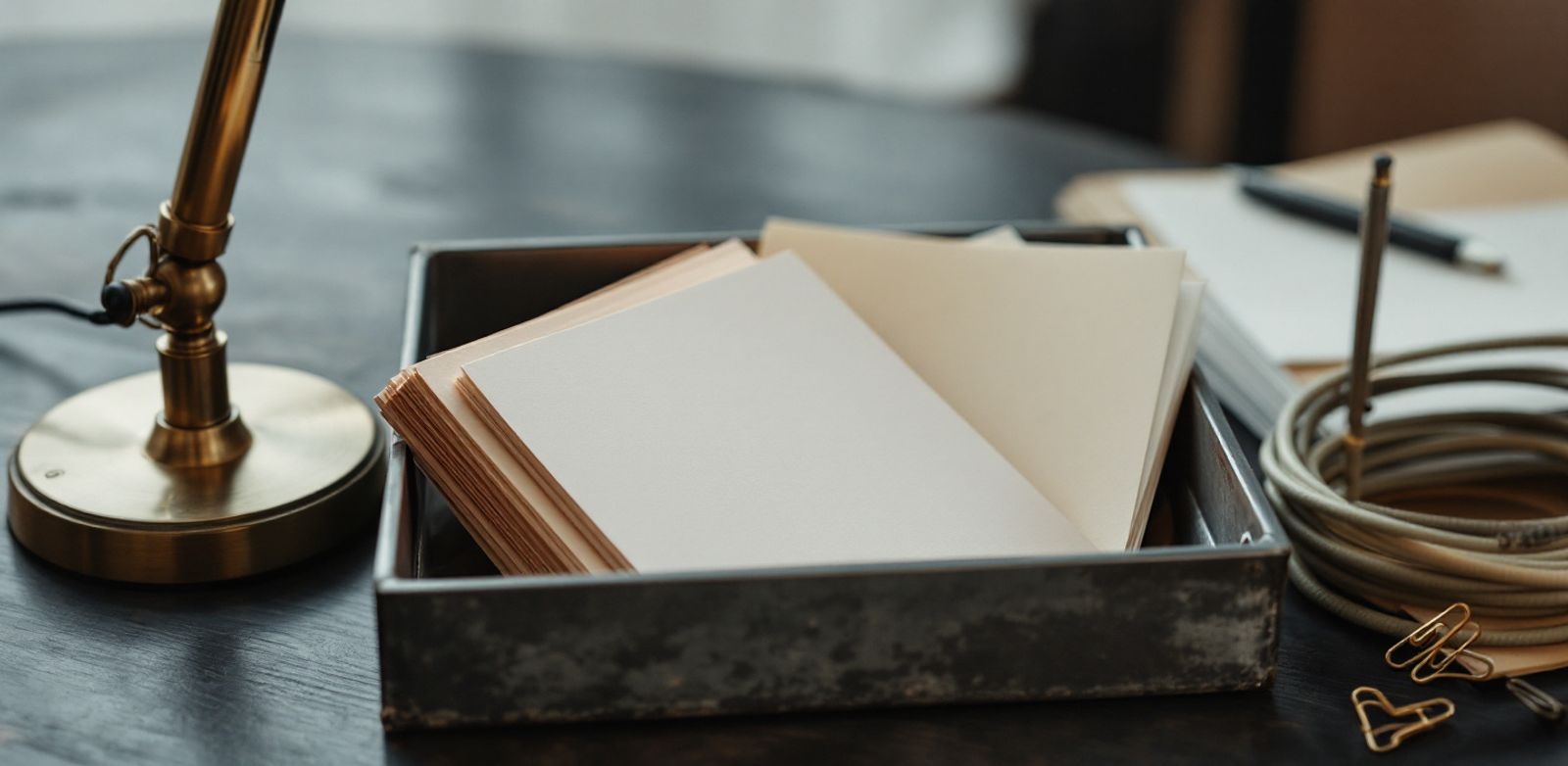 Blank index cards and a cable coil in a steel filing tray.
