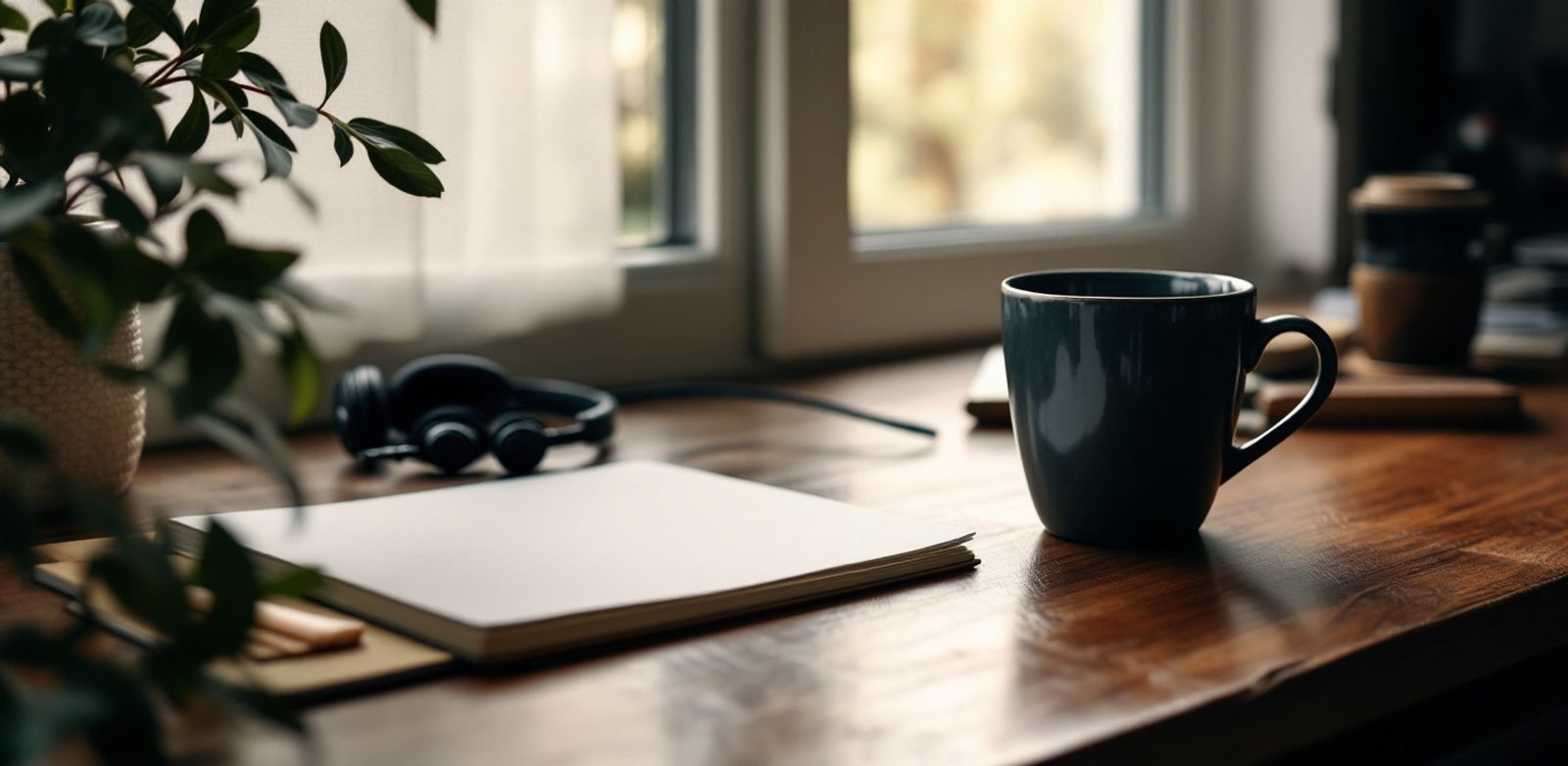 A headset, blank notebook, ceramic mug, and morning light on a split desk.