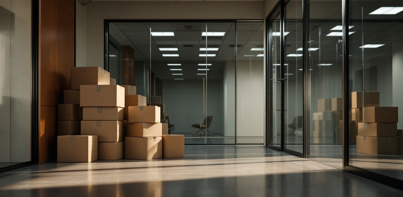 Shipping boxes near a locked boardroom door, showing the tension between small accounts and enterprise sales.