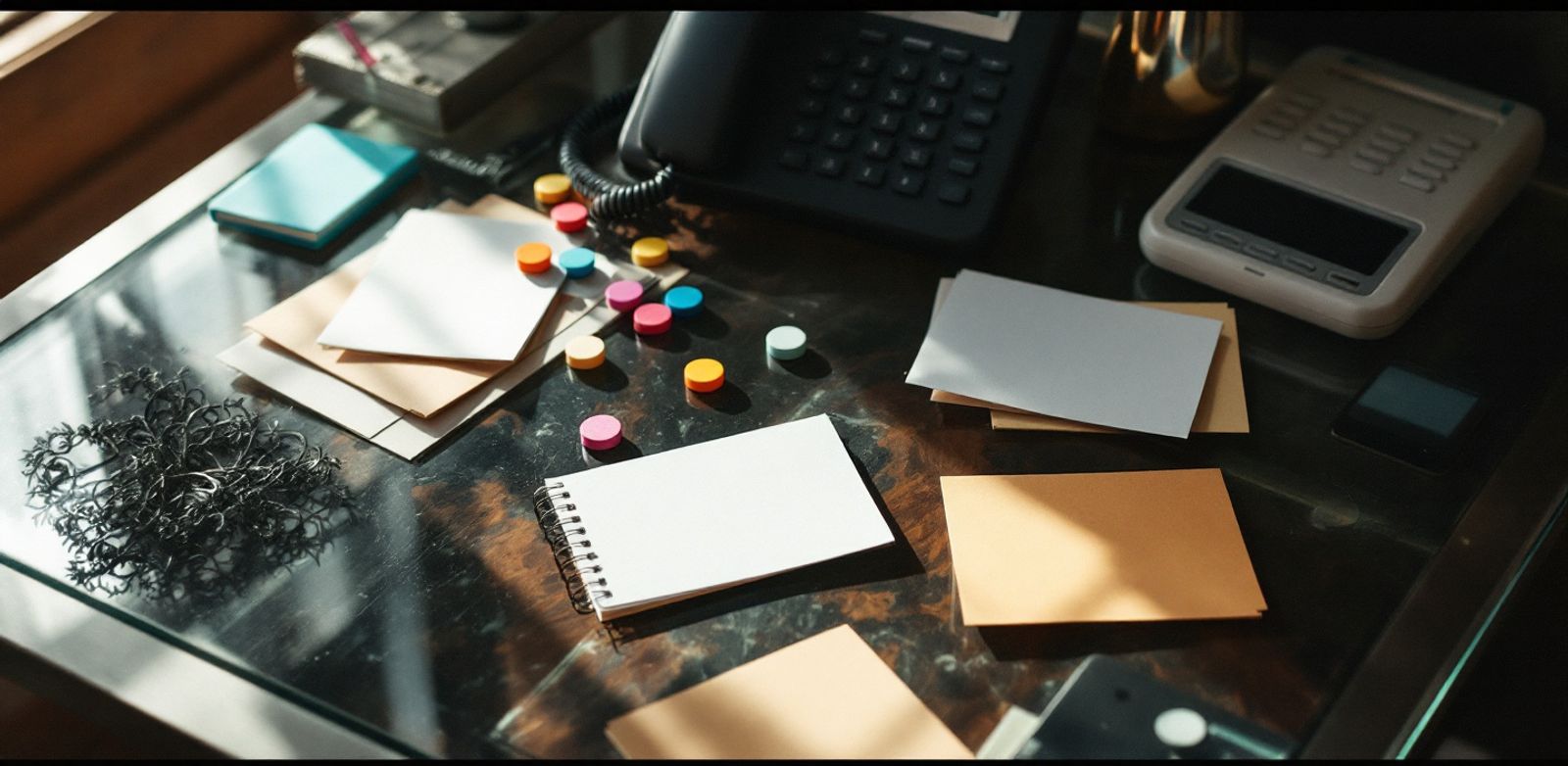 Blank index cards and a speakerphone arranged for a sales review