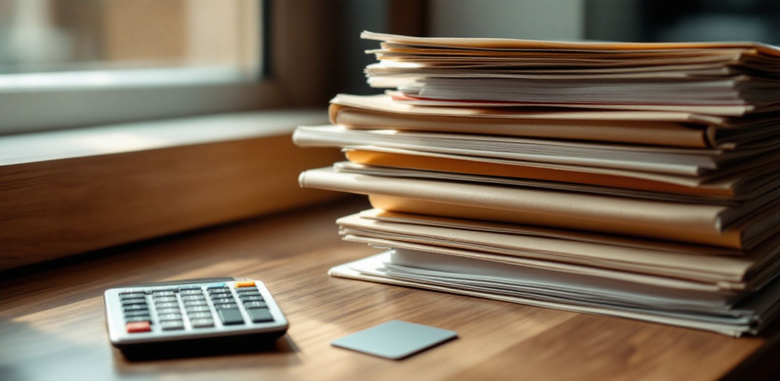 Procurement folders and a calculator beside a plain metal access card on a walnut desk.