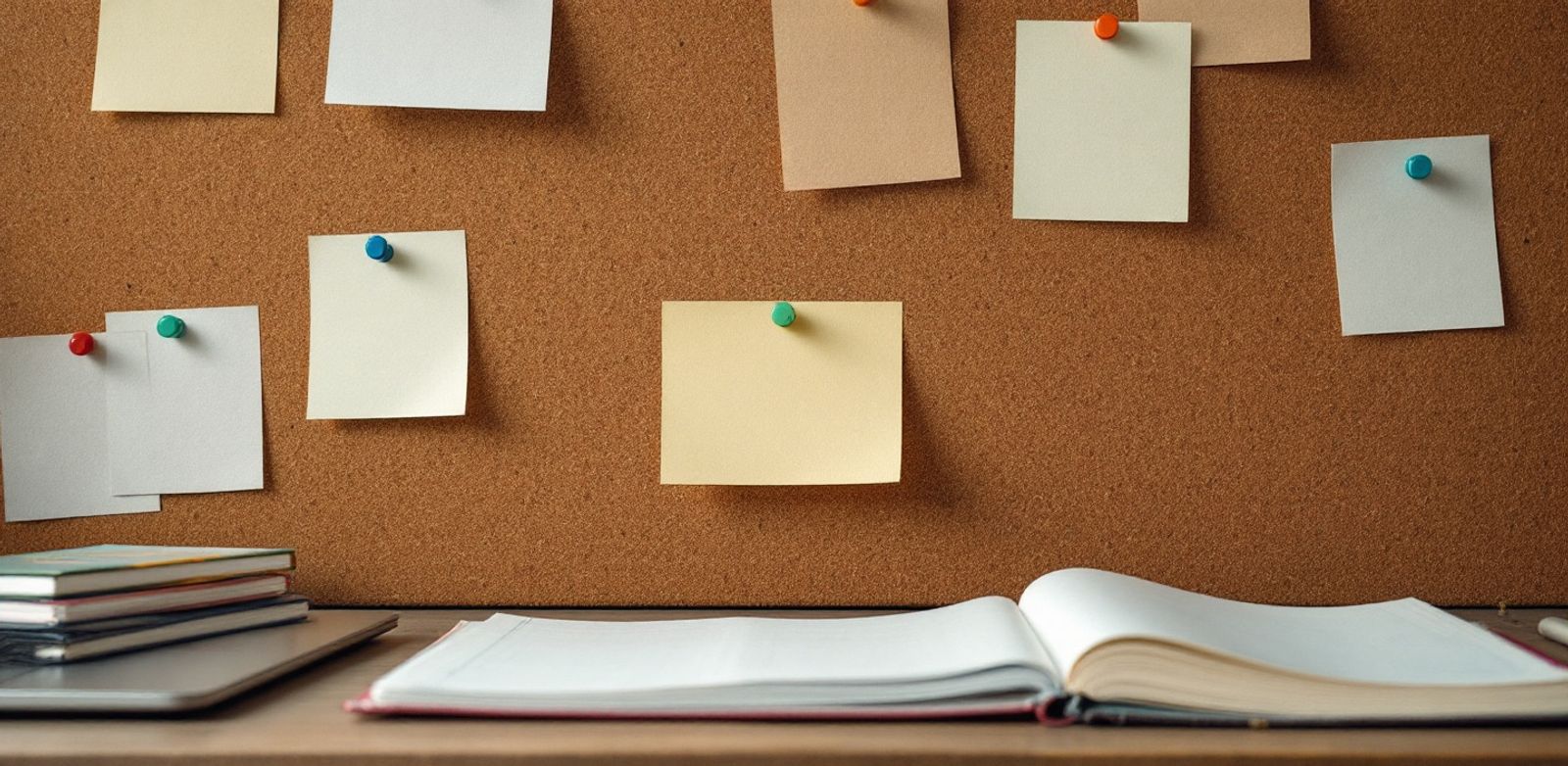 Corkboard with colored pins, backward index cards, a closed laptop, and notebooks.