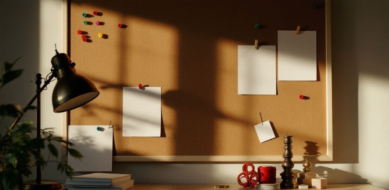 Colored pins and blank cards on a corkboard under a brass lamp.
