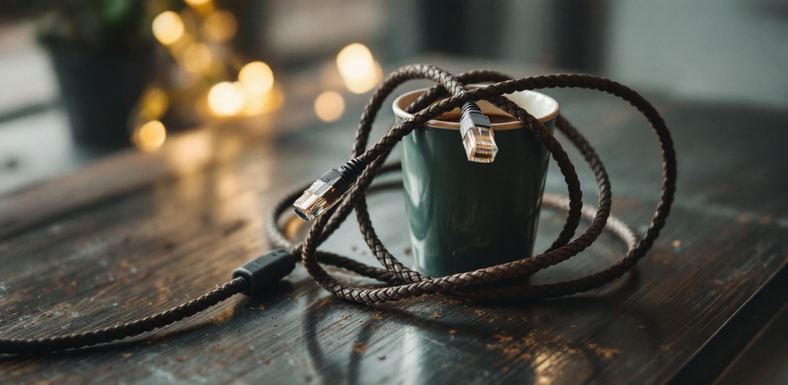 A tangled Ethernet cable beside a cold coffee cup on a metal table.