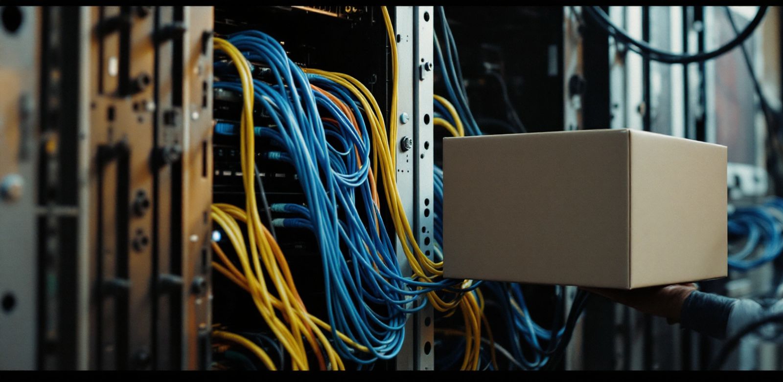 Color-coded cables running from an old server rack to a compact new box.