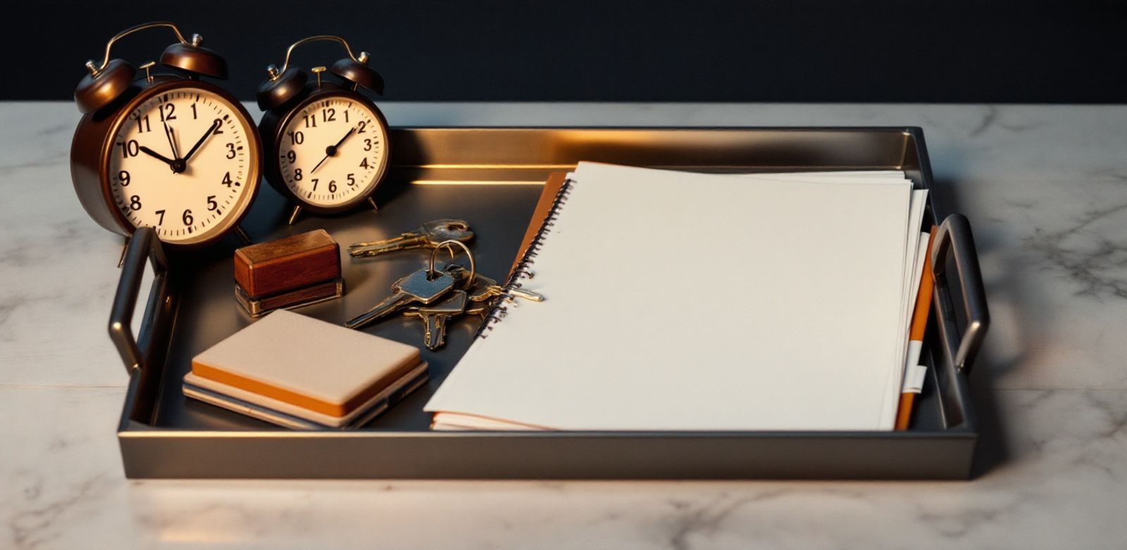 A dusk desk scene with keys, a closed contract folder, a stamp pad, and paired analog clocks.