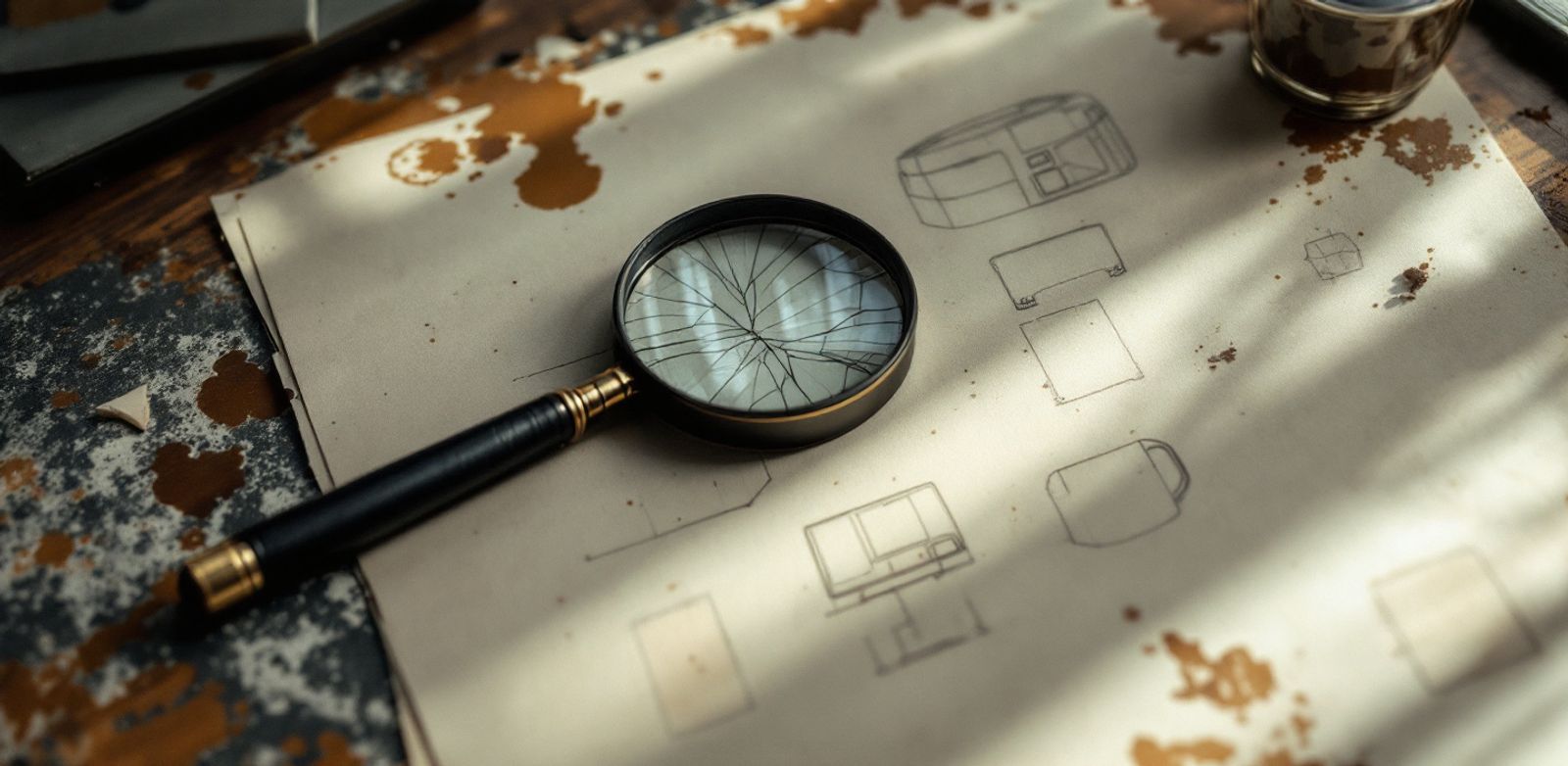 Cracked magnifying glass over blank sketches and a desk phone, suggesting a broken read on traction.