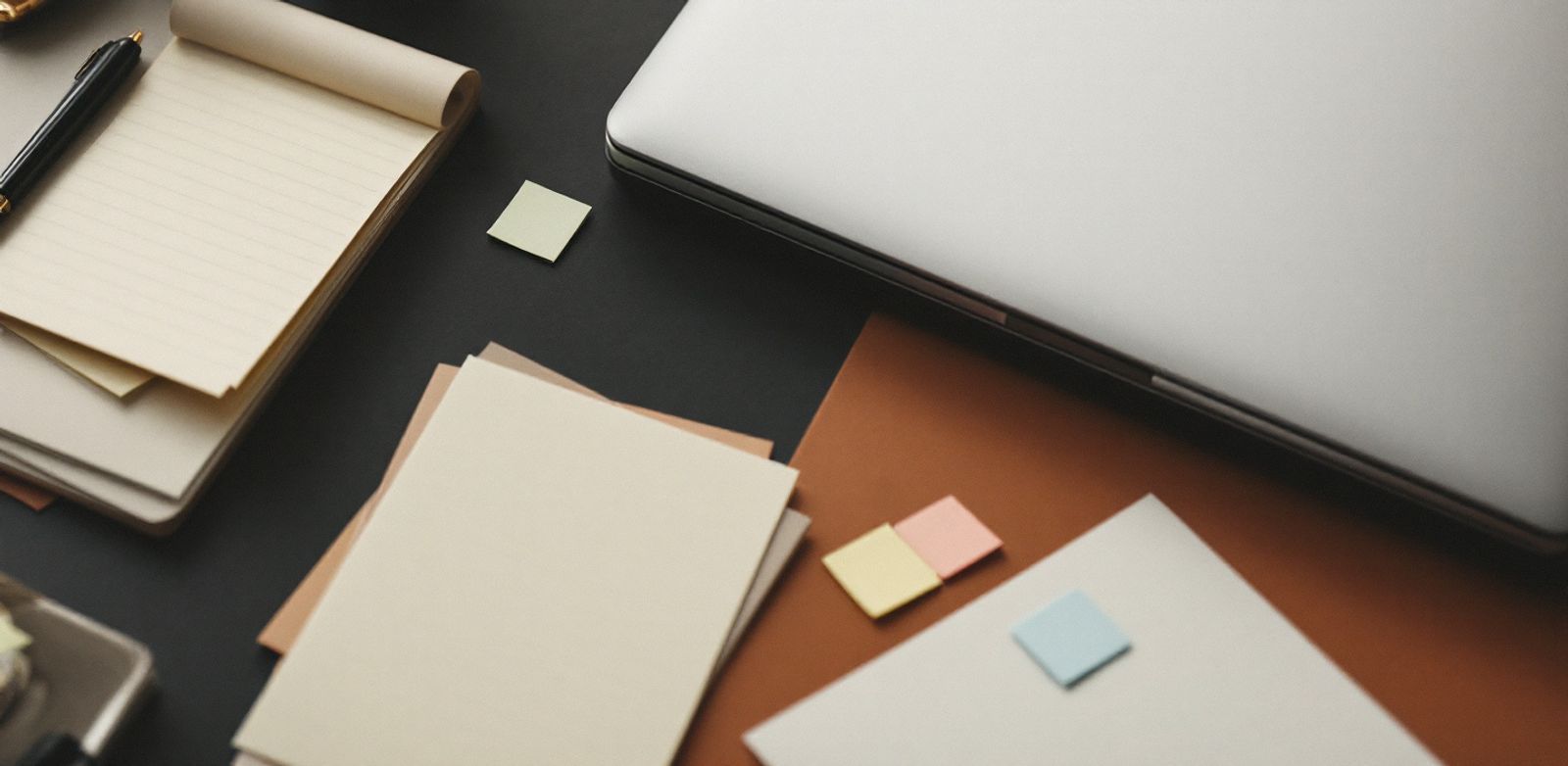 Index cards and sticky tabs beside a closed laptop, showing messy sales data before CRM cleanup.