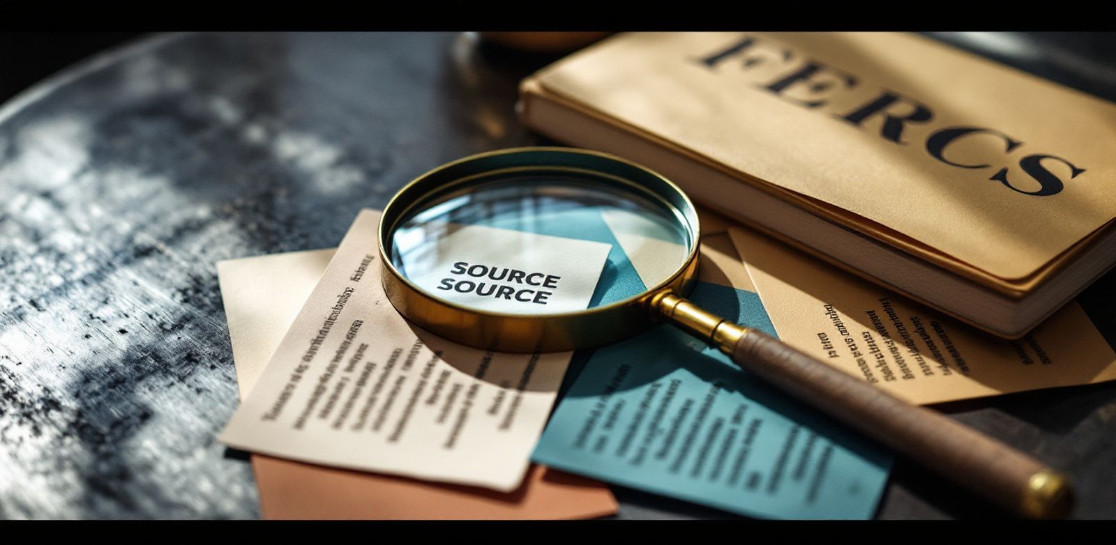 Magnifying glass over colored source cards on a metal table