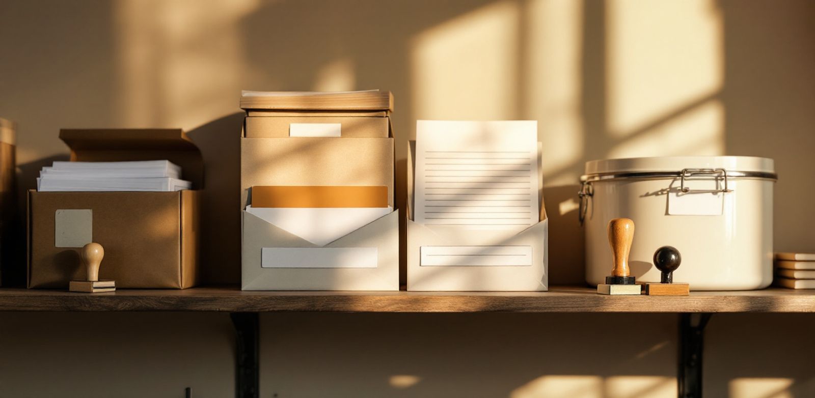 Sealed envelopes and blank forms on a clinic supply shelf