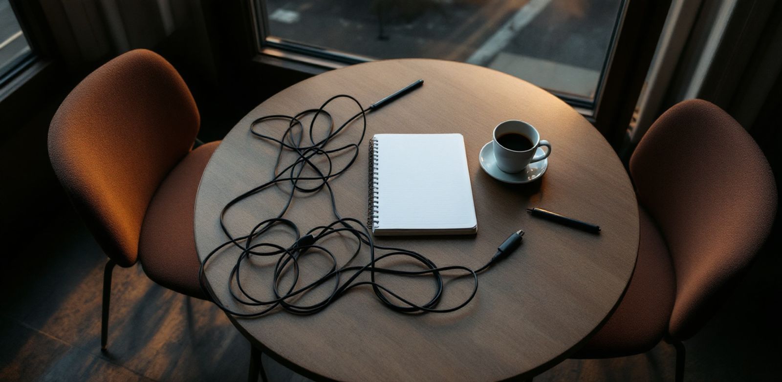Empty chairs beside charging cables, a blank notebook, a cold coffee cup, and evening window light.