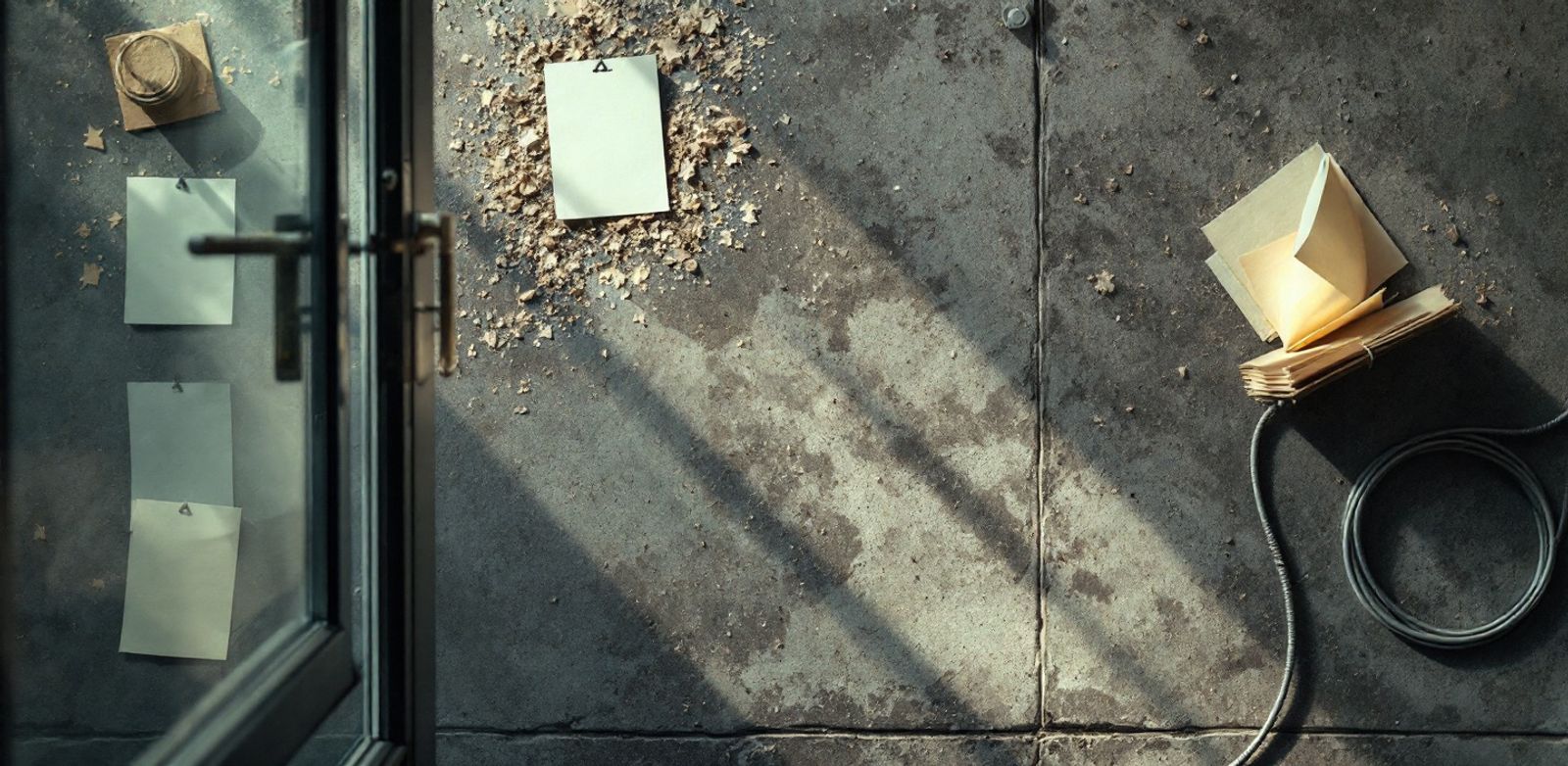 Locked glass office door with blank index cards, coiled cable, and dust on concrete.