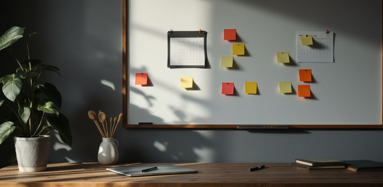 Whiteboard with sticky notes, calendar pages, and a closed laptop