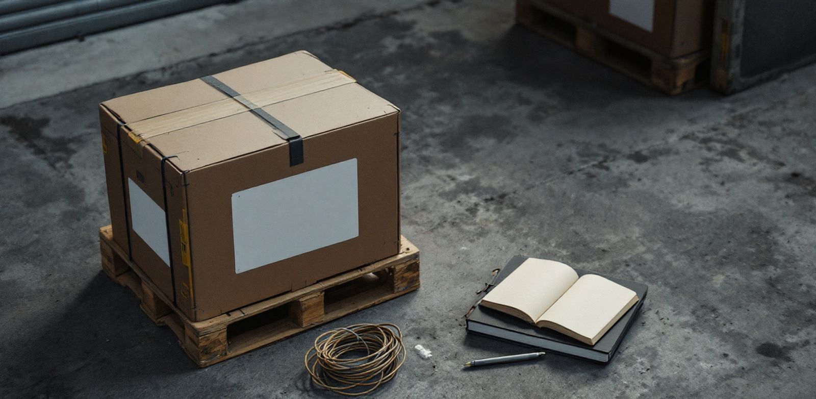 A shipping crate, cables, and notebook arranged like a practical US launch kit.