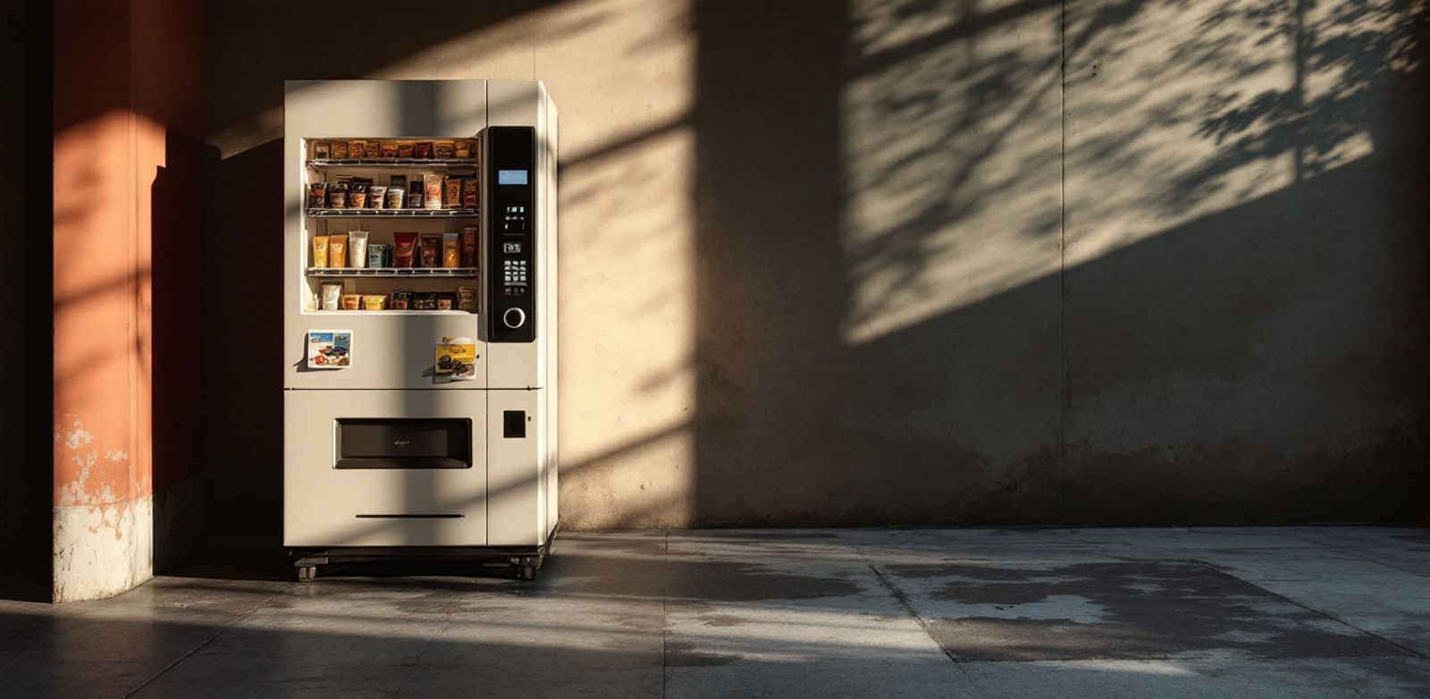 A locked vending machine next to an open sample tray on concrete in morning light.