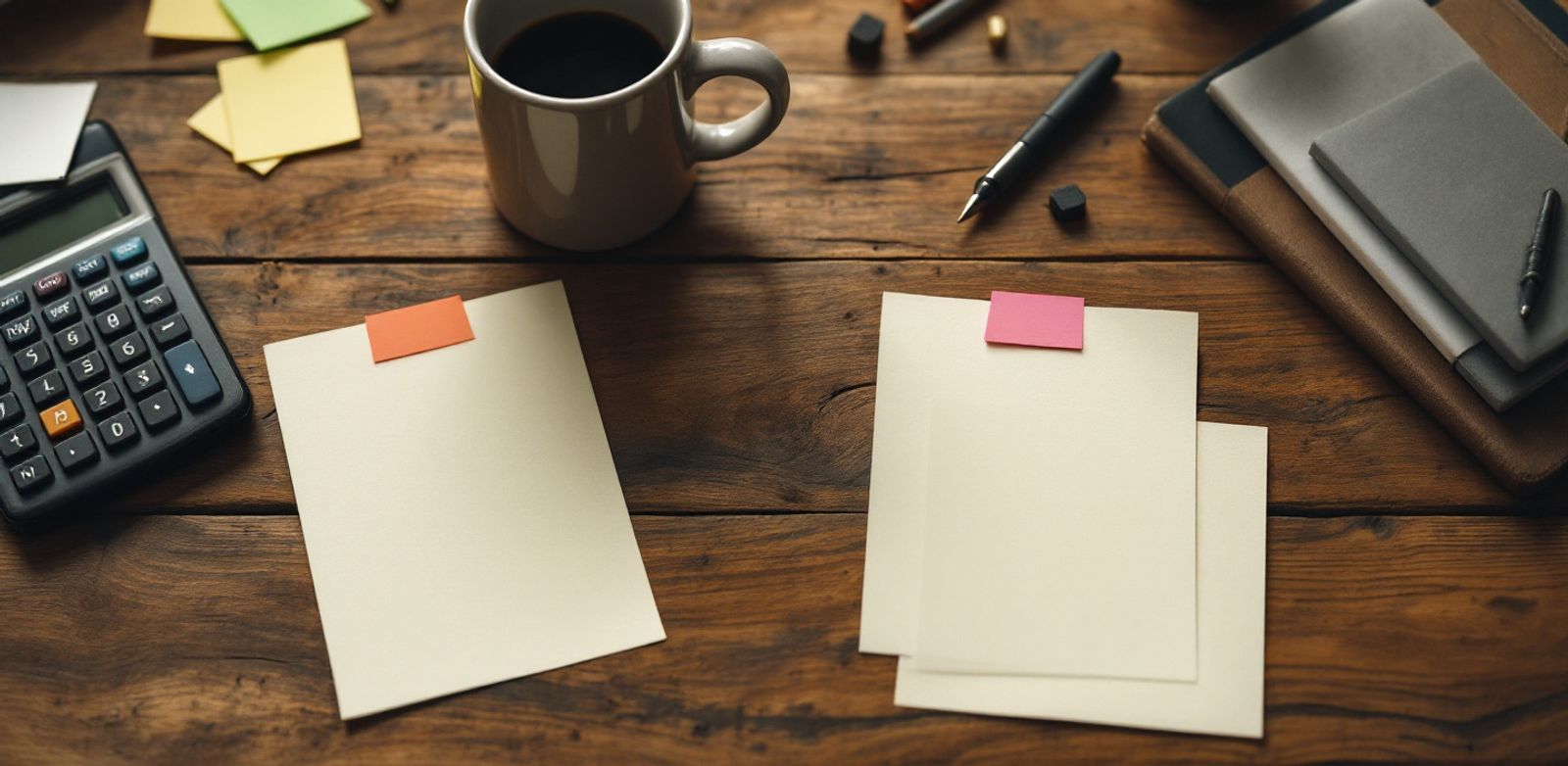 Blank index cards, sticky flags, a ceramic mug, and a calculator on a wooden table.