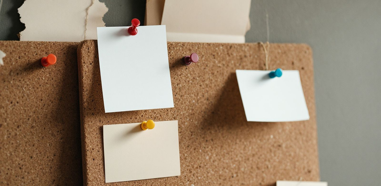 Blank index cards pinned on a corkboard.