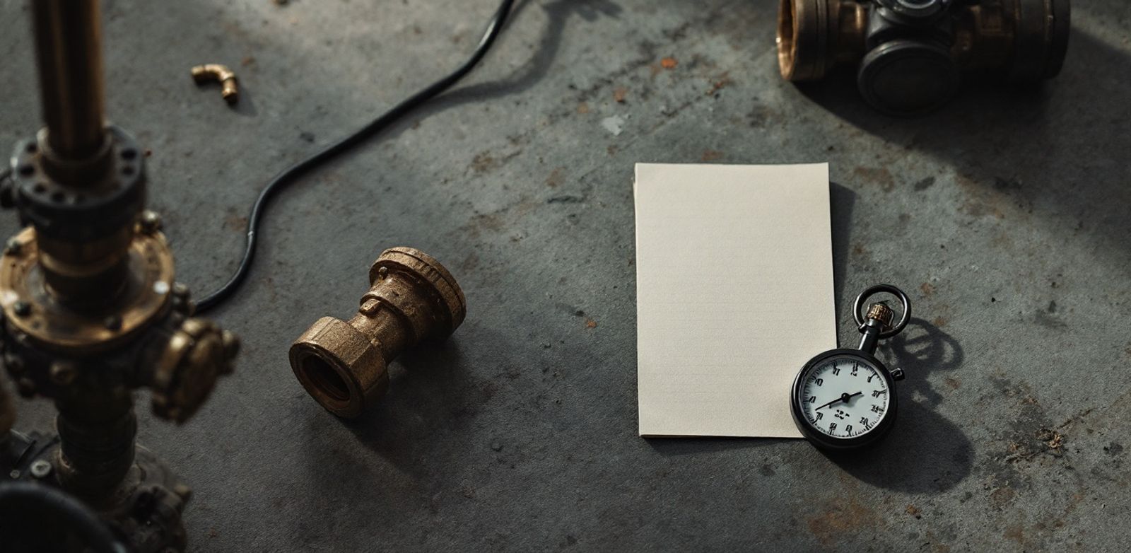 Index cards, valve, and stopwatch representing ordered growth hiring.