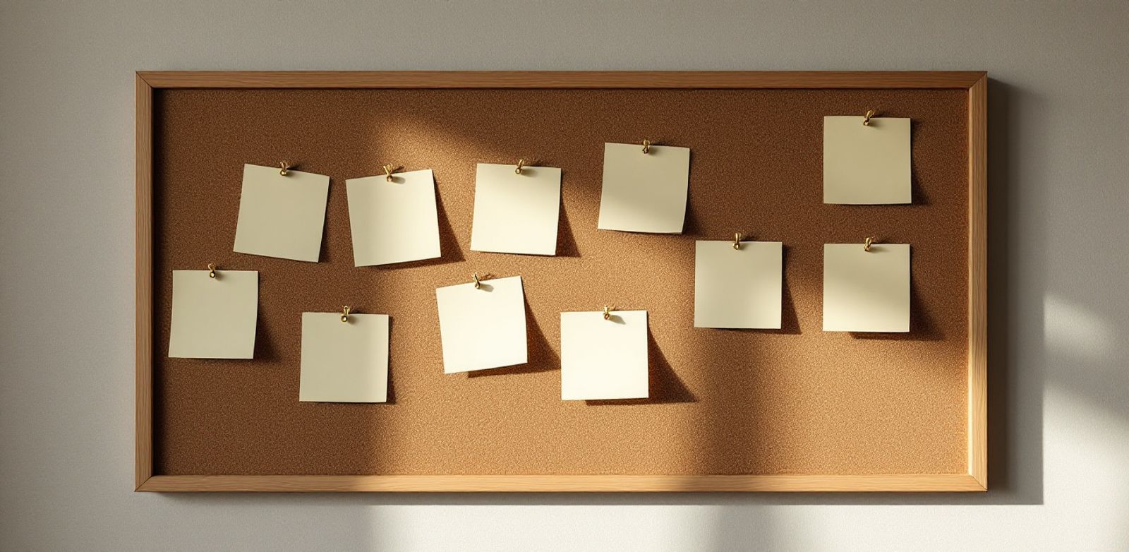 Blank sticky notes pinned to a corkboard under side light.