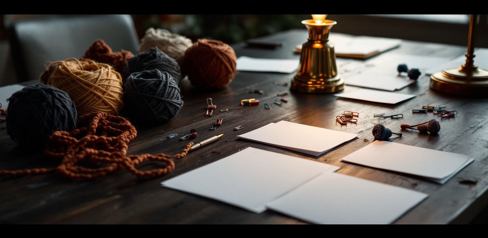 Blank index cards and colored yarn on a conference table at dusk.