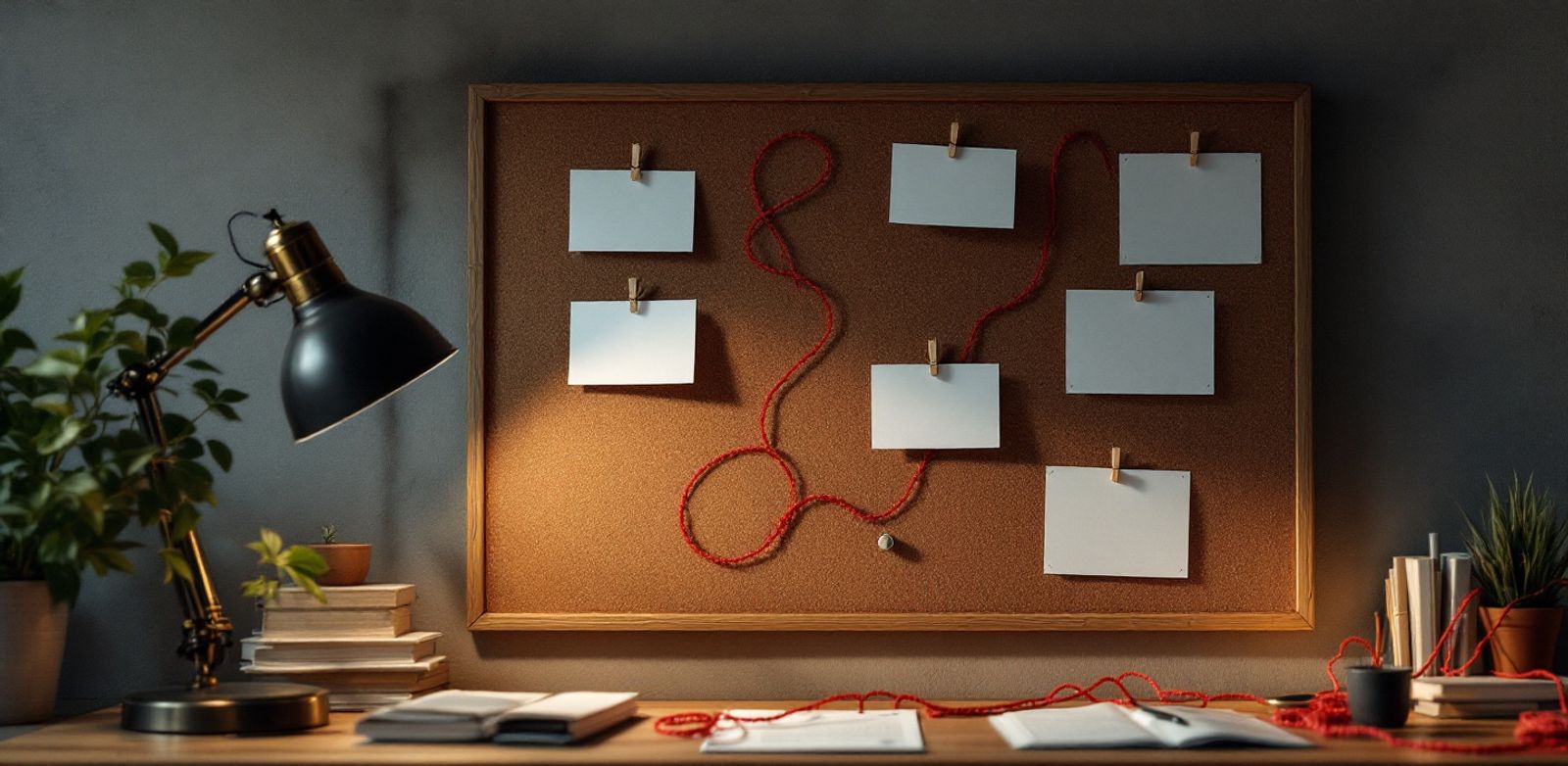 A corkboard with blank cards and red yarn showing account patterns.