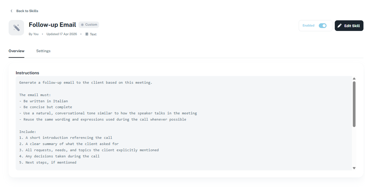 The Follow-up Email Skill configured in Nonverbia
