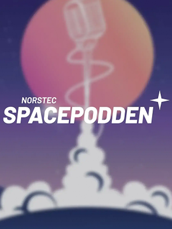 Illustration of a rocket launching into the sky with a microphone as the rocket, labeled ‘Spacepodden’ and featuring the NORSTEC logo.