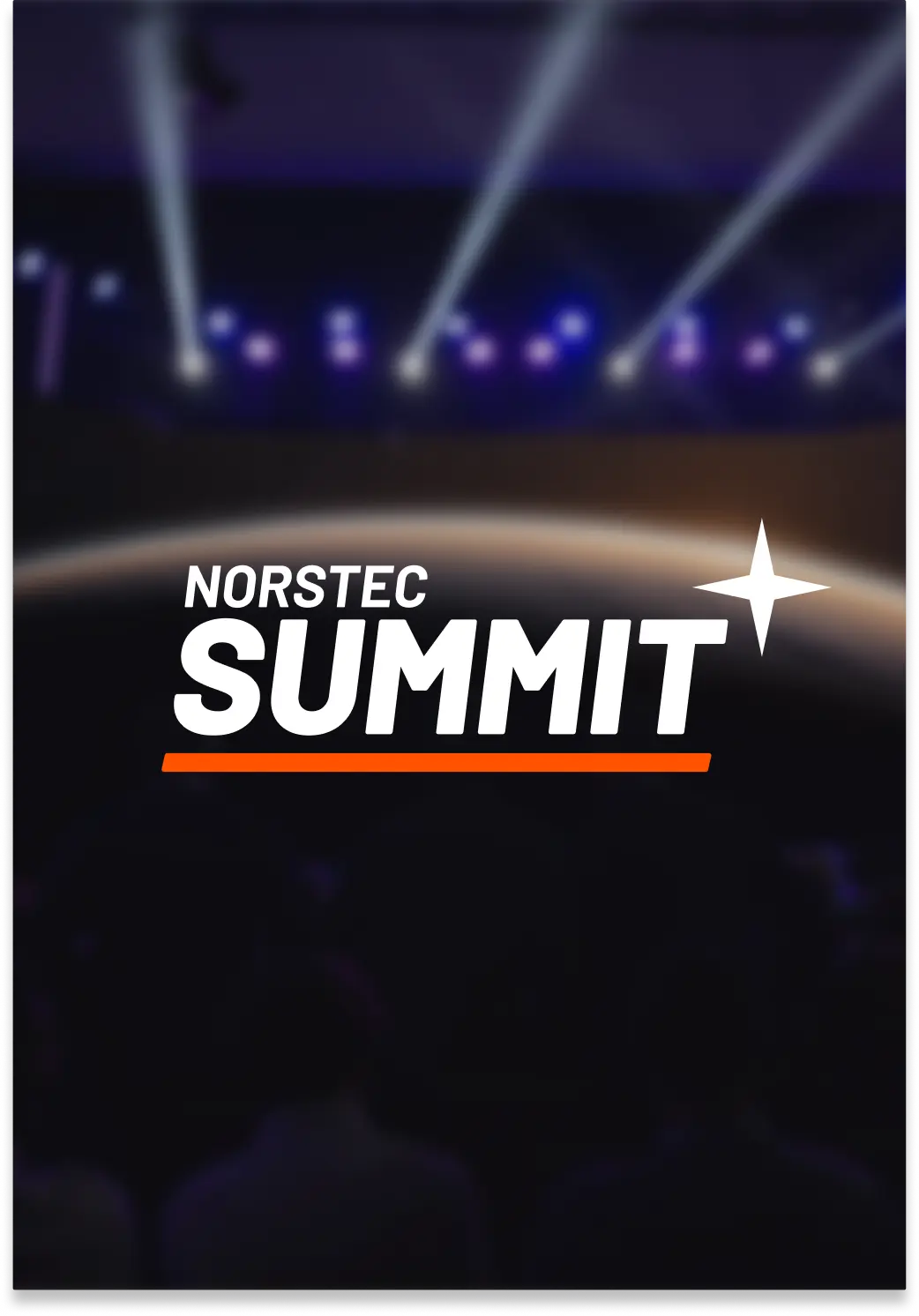 Audience watching a large stage with a screen showing the NORSTEC logo over a planet backdrop, with purple and blue stage lights overhead.