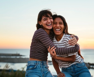 Image of a young female couple in the coast showing their beeming white teeth.