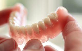 A close-up of a full set of dentures